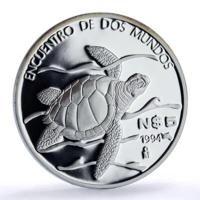 Mexico 5 pesos Sea Turtle Wildlife Ibero-American Fauna proof silver coin 1994 - Image 1 of 4