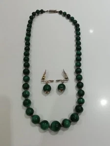 MALACHITE GRADUATED ROUND BEAD NECKLACE & MATCHING EAR CLIPS SET - 19 INCH - Picture 1 of 22