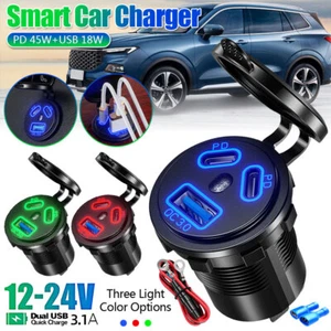 USB C Car Charger QC3.0 & Dual 45W PD Type C with Voltmeter 12V 24V Boat Marine - Zdjęcie 1 z 27