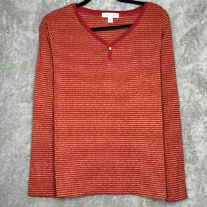 Coldwater Creek XL Shirt Top Red Gold Striped Long Sleeve V Neck Stretch Glitter - Picture 1 of 7