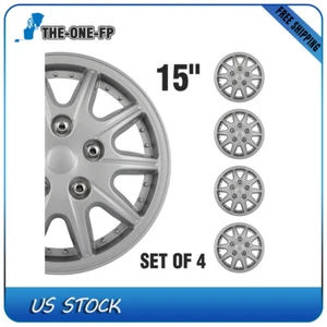15" Set of 4 Wheel Covers Full Rim Snap On Hub Caps Fit R15 Tire & Rim Silver - Picture 1 of 9