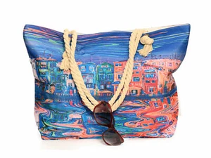 Borsa da spiaggia donna XXL città sull'acqua Venezia Amsterdam blu rosa borsa estiva - Foto 1 di 6