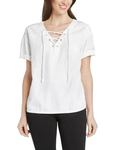 Blusa Top Camisa Matty M Para Mujer Con Cordones Cuello en V Dobladillo Alto-Bajo (Blanca, Grande) - Imagen 1 de 2
