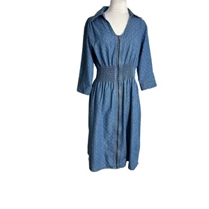J Glee Blue Chambray Dress Size XL Polka Dot Zip Front Elastic Waist Tab Sleeves - Picture 1 of 12