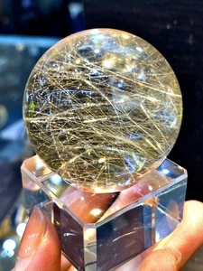 45mm Top Rare Natural Gold Rutilated sphere Carved Titanium Crystal ball healing - Picture 1 of 9