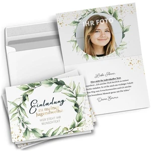 10 Einladungskarten Jugendweihe personalisiert mit Umschlägen Eukalyptus Kranz - Bild 1 von 9
