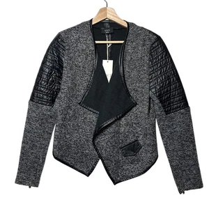 Vici Asymmetrical Jacket Cardigan Sweater Bolero Tweed Faux Leather Sz S Moto - Picture 1 of 15