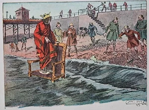 Antiker Comic Druck König Canute hält die Wellen zurück. Arthur Moreland. - Bild 1 von 5
