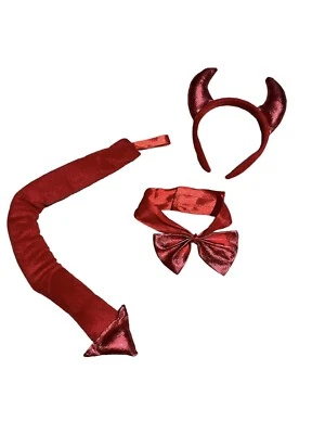 Red Devil Horns, Tail, & Bow 领带服装套装 ~ 有趣的万圣节装扮派对套装 — 第 1/4 张图片