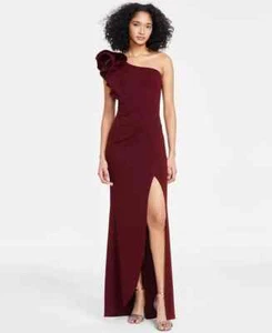 Emerald Sundae Ruffle-Shoulder Mermaid Gown Juniors' S Wine Asymmetric Back Zip - Picture 1 of 14