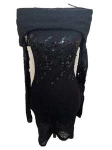 Bebe Dress Off Shoulder Long Sleeve Fitted Stretch Sequins Black NWT S - Picture 1 of 7