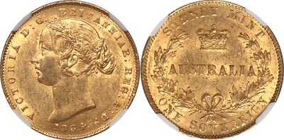 Austrália 1864 Victoria Gold Sovereign NGC MS-60 melhor data!! - Imagem 1 de 2