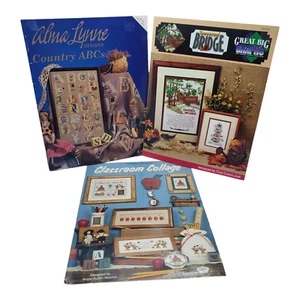 3 Vtg Cross Stitch Pattern Booklets Lot Country Alphabet Bridges School Books - Picture 1 of 11