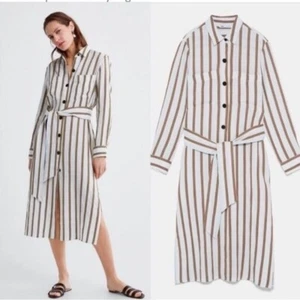 ZARA boho cream tan striped linen buttoned belted collared shirt midi dress S - Picture 1 of 11