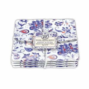Set / 4 Michel Design Works Melamine 6"  Canape Plates Paisley & Plaid Red Blue - Picture 1 of 1