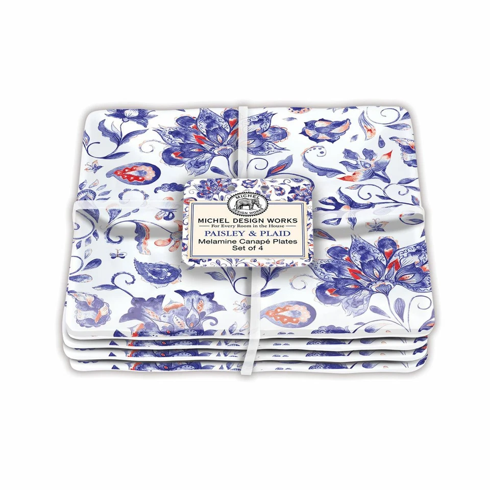 Set / 4 Michel Design Works Melamine 6"  Canape Plates Paisley & Plaid Red Blue - Image 1 of 1