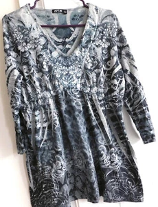 APT. 9 babydoll GRIGIO STAMPA FLOREALE con SEQUINI maniche a 3/4 MAGLIA TOP L - Foto 1 di 4