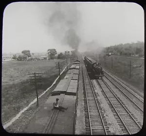 Glass Magic Lantern Slide STEAM TRAIN NEAR ERIE CANAL C1910 PHOTO USA RAILWAY - Picture 1 of 2