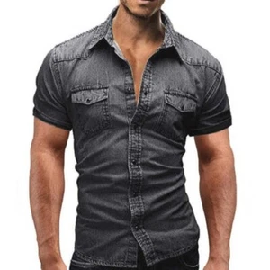 Men's Short Sleeve Slim Fit Denim Shirt - Picture 1 of 8