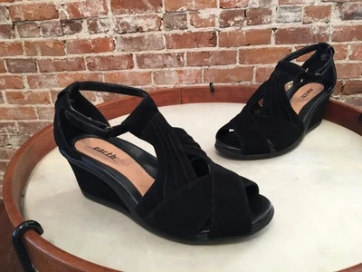 Earth Curvet черный замшевый заглянуть носок на танкетке сандалии 9,5 новый - Изображение 1 из 3