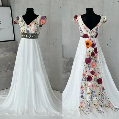 Vintage Chiffon Wedding Dresses with Florals A Line Short Sleeves Bridal Gowns - Image 1 of 4