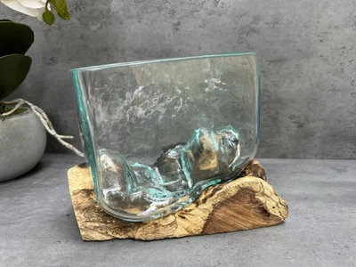 Square Molten Glass Bowl on Root Wood Base Stand Ornament Vase Trinket Medium - Image 1 of 4