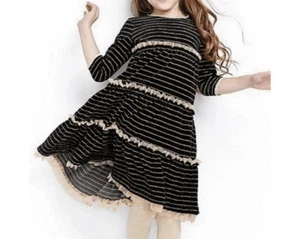 Hanna Andersson Swing Dress Girls 100 4 Black Gold Striped Velvet Tiered Lace - Picture 1 of 5