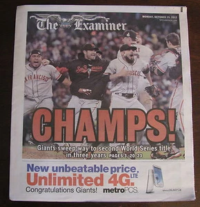 SAN FRANCISCO GIANTS WORLD SERIES PAPER SF EXAMINER NEWSPAPER 2012 FREE SHIPPING - Picture 1 of 1