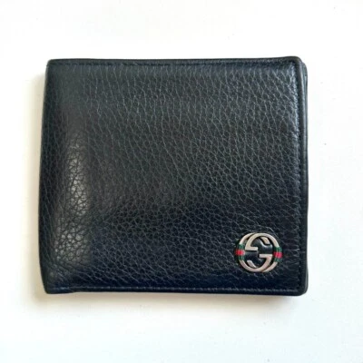 GUCCI Cartera Doble Pliegue Cuero Auténtico con Enclavamiento G Negro Foto 1 de 4