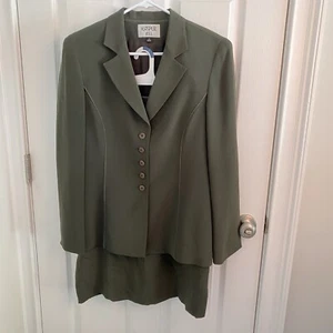 Kasper Skirt Suit Womens 12 Silk Blazer Button Career Classic Lined Zip Green - Picture 1 of 11