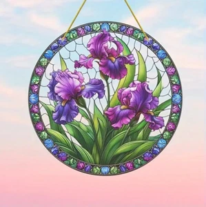 Purple Iris Sun Catcher - 8 in Acrylic Stained Glass Decorative Wall Arty - Picture 1 of 5