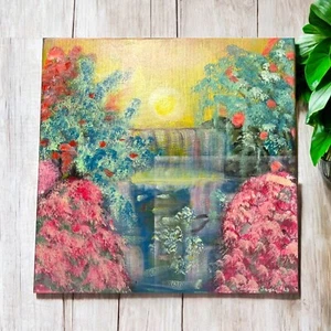 Wasserfall Landschaft Neon Acryl Gemälde 14 Zoll Quadrat Original Leinwand Fantasy - Bild 1 von 14