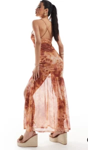 ASOS DESIGN Brown Marble strappy mesh maxi dress with side split Size S 8-10 NEW - Picture 1 of 4