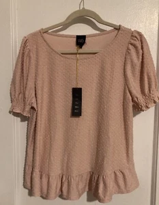 ANTHROPOLOGIE W5 PINK SWISS DOTS BLOUSE BOHO RUFFLE WOMENS LARGE BRAND NEW NWT - Picture 1 of 6