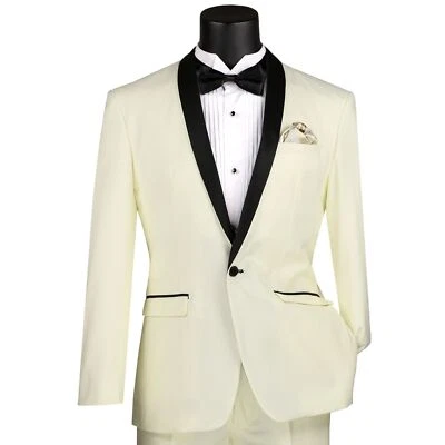 VINCI Men's Ivory Shawl Collar One Button Slim Fit Formal Tuxedo Suit NEW - Image 1 of 3