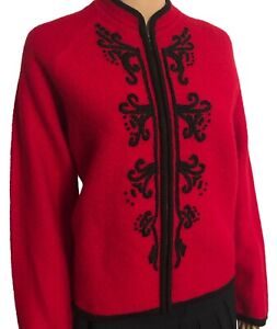 vtg KAREN SCOTT True Red Boiled Wool Zip Cardigan Sz PL Sweater Black Accents