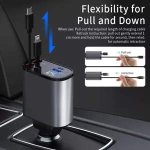 Retractable Car Charger,4 in 1- 120W, 2 Charging Cables (2.6ft), Fast Charger - Picture 1 of 6
