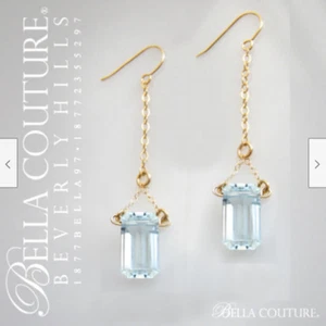 $790 14K YELLOW GOLD NATURAL AQUAMARINE BAGUETTE VTG DANGLE DROP 14CT EARRINGS - Picture 1 of 23