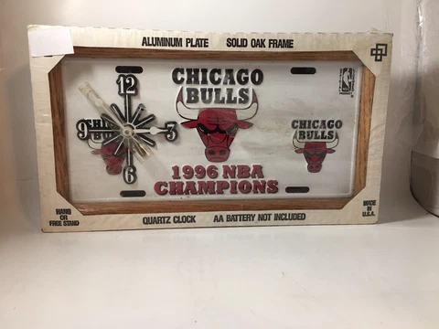 Chicago Bulls 1996 NBA Champions Clock License Plate In Wood Frame Cover