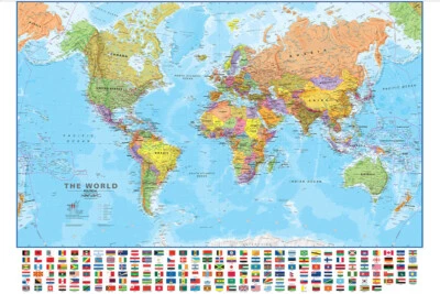 150x100cm Map of The World With Flags Wall Chart Mural Educational Print Poster - Image 1 of 4