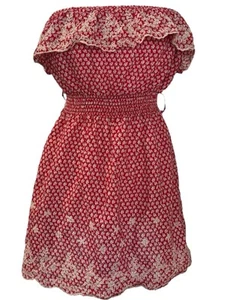 Poetry Womens Off Shoulder Smocked Dress Red Floral Embroidered Ruffle M - Picture 1 of 11