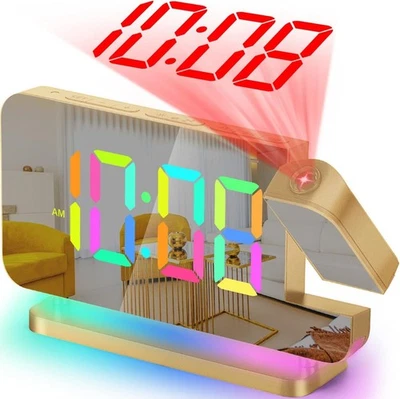 LED Digital Projector Mirror Alarm Clock Time Projection Snooze Dual USB Alarms - Image 1 of 4