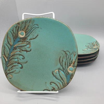 Pier 1 Juego (5) Platos de Ensalada de Gres Pluma de Pavo Real 8" Turquesa Foto 1 de 4
