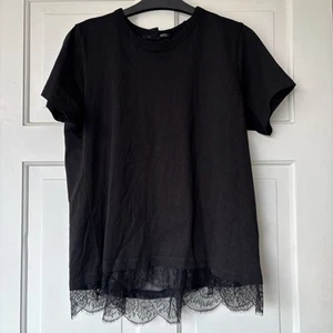 All Saints Womens lace pleated T-Shirt Designer Black Soft Cotton Tee Top m 10 - Picture 1 of 5
