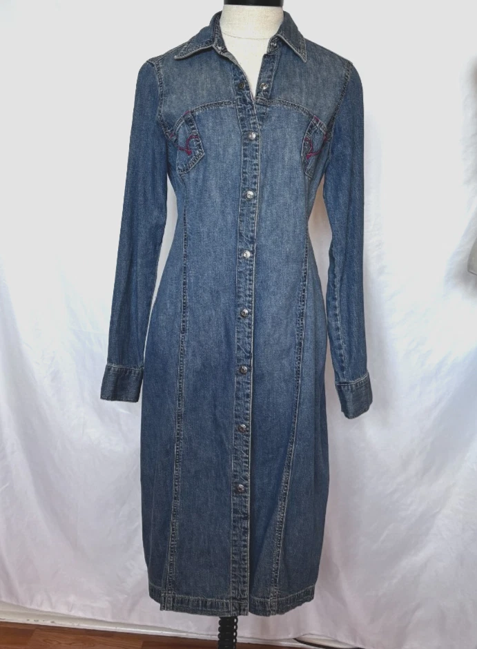 VTG Guess Western Denim Snap Front Midi Long Sleeve Dress M Stretchy Y2K - Image 1 of 4