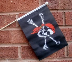 PIRATE BANDANA HAND WAVING FLAG medium 9" X 6" wooden pole SKULL AND & CROSSBONE - Picture 1 of 1