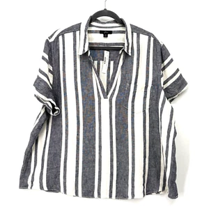 J. Crew Linen Top Womens 2X Blue Striped V-Neck Preppy Nautical Boho Beach - Picture 1 of 7