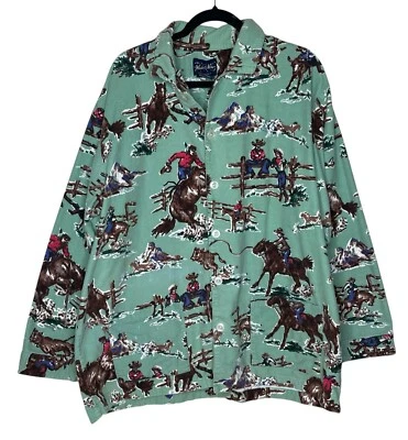 Nick & Nora Cowboy Pajama Shirt XL Green Flannel Kurt Cobain USA 90s Nirvana - Image 1 of 4