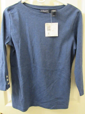 Camiseta pulóver tejido M de algodón con cuello de barco azul Crazy Horse manga 3/4 Foto 1 de 4