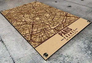 Lasergravierte Paris Karte geätzt auf 1/2" Holz - FR Stadt Straße Wohndeko Frankreich - Bild 1 von 7